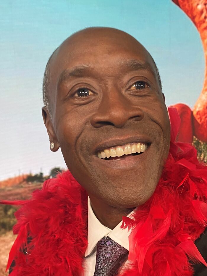 Don Cheadle smiling warmly, dressed in a suit with a red feather boa, highlighting his bio and career highlights.