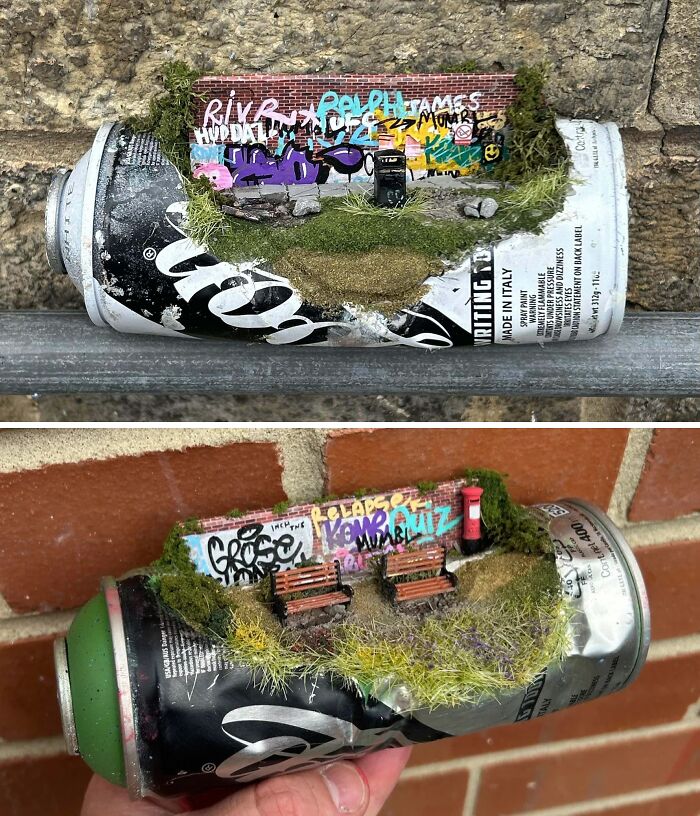 Miniature urban park with graffiti art and benches crafted on crushed soda cans, showcasing cool handmade creations.