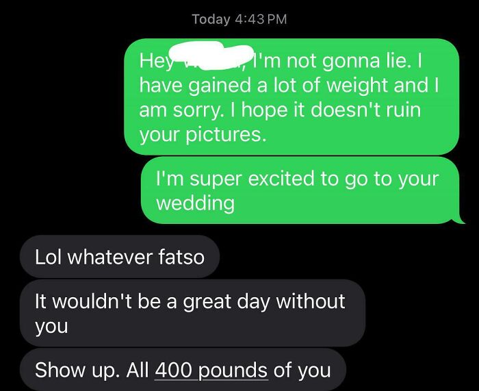 Hilarious text exchange where one person jokes about weight, showing funny and memorable texting moments.