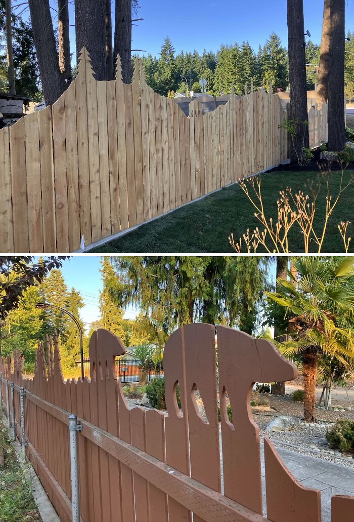 Creative wooden fence designs featuring nature and animal shapes, showcasing cool things people made to share with everyone.