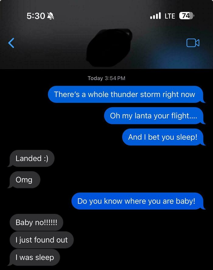 Text exchange showing a hilarious conversation where one person humorously admits they were asleep during their flight.