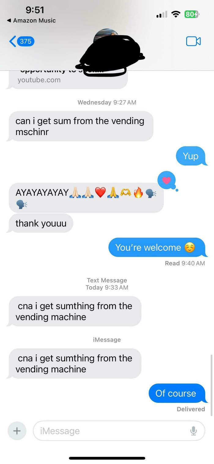 Text conversation showing a humorous request for snacks from the vending machine with emoji-filled replies.