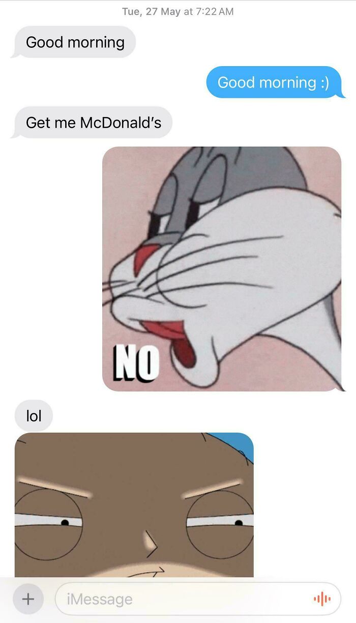Text conversation showing hilarious meme replies including Bugs Bunny saying no, capturing funny texts people still think about.