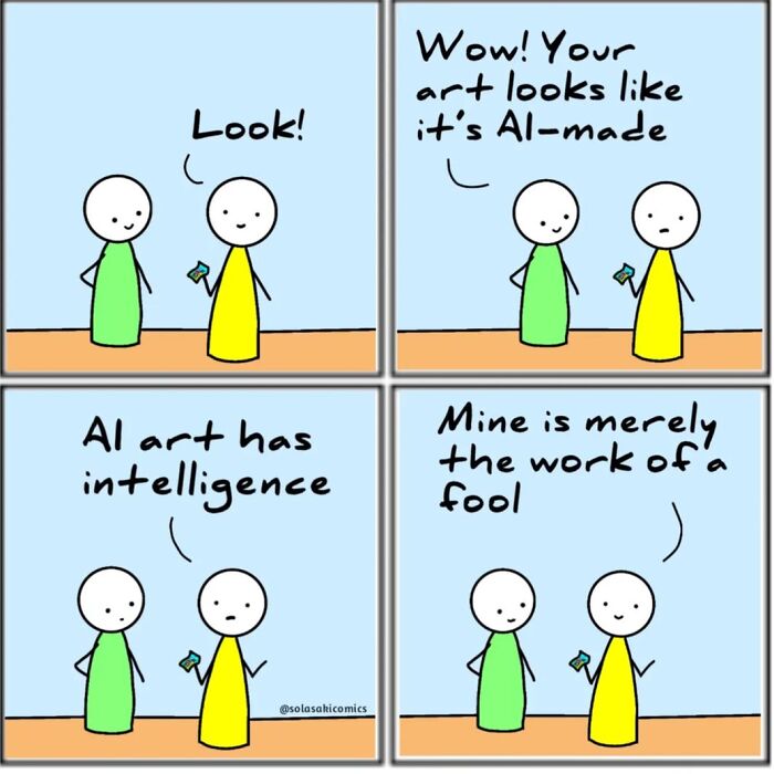 Comic showing two characters discussing AI art, highlighting a clever and hilarious perspective on everyday experiences by this artist.