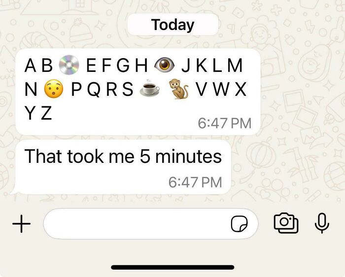 Text message with emojis replacing some letters in the alphabet, highlighting hilarious texts people still think about.
