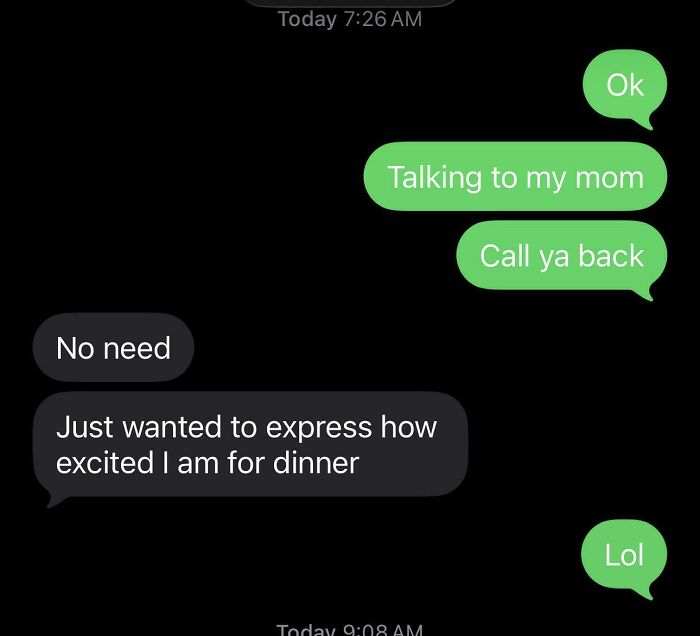 Funny text message exchange showing excitement for dinner, part of hilarious texts people still think about today.
