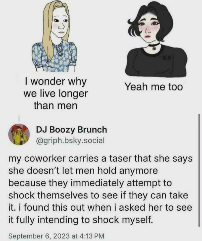 Two illustrated women discuss why women live longer than men, paired with a humorous social media post about coworkers and a taser.