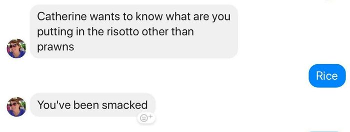 Screenshot of a hilarious text conversation where someone asks about risotto ingredients and gets a witty reply.