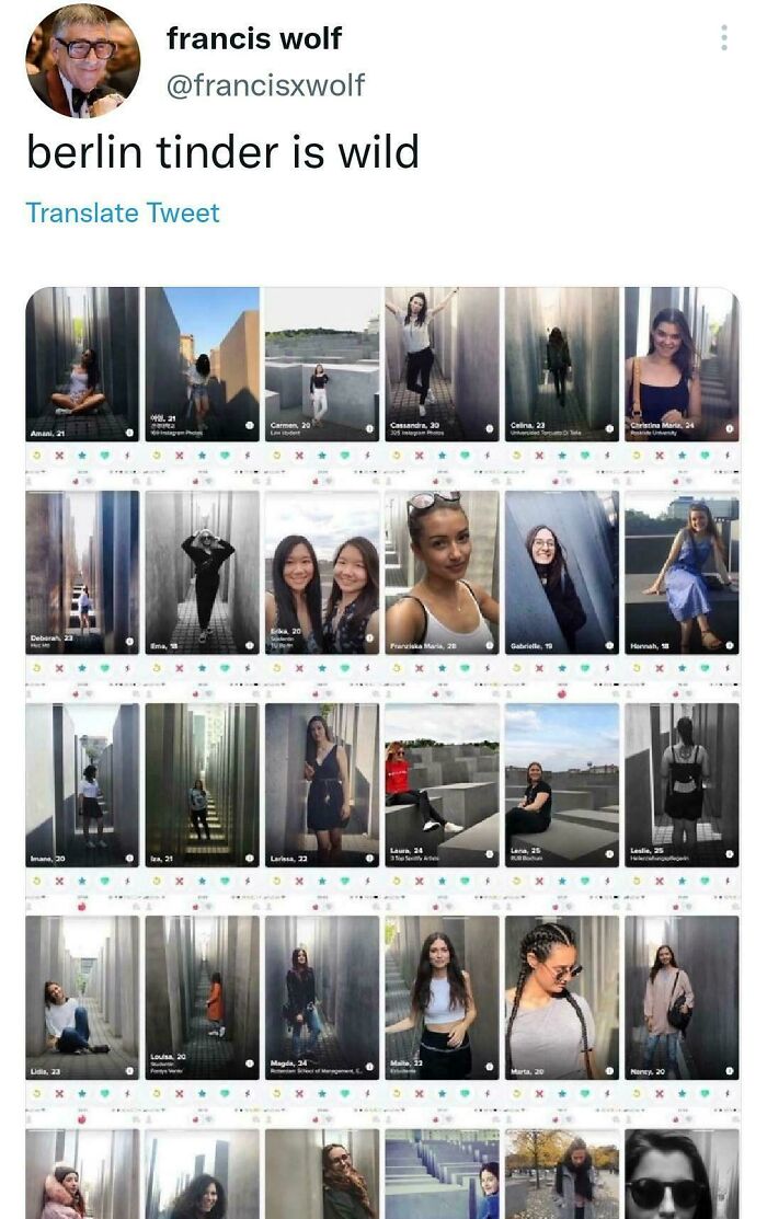 A collage of Tinder profiles featuring women posing in similar urban outdoor settings, highlighting funny moments.