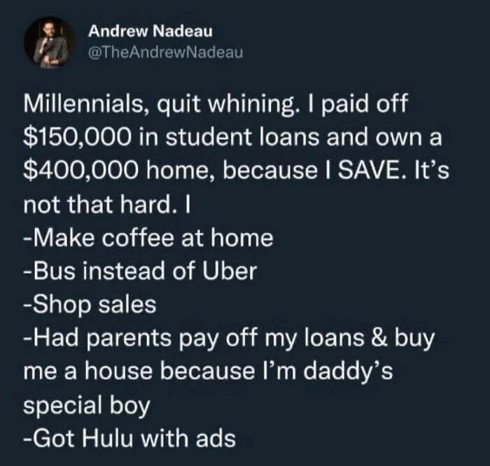 Tweet mocking millennials quitting student loans and saving money with humor from posts that will make you say wait what