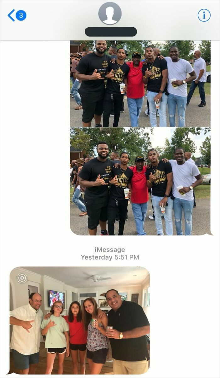 Group photos sent in a funny wrong number text conversation showing different people posing and smiling outdoors and indoors.
