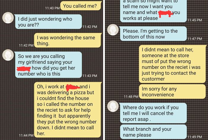 Text conversation showing a funny wrong number exchange involving a pizza delivery and mistaken identity.