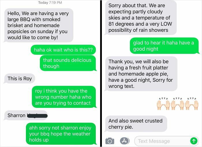 Text conversation showing funny wrong number texts about BBQ invites and weather updates with homemade pies.