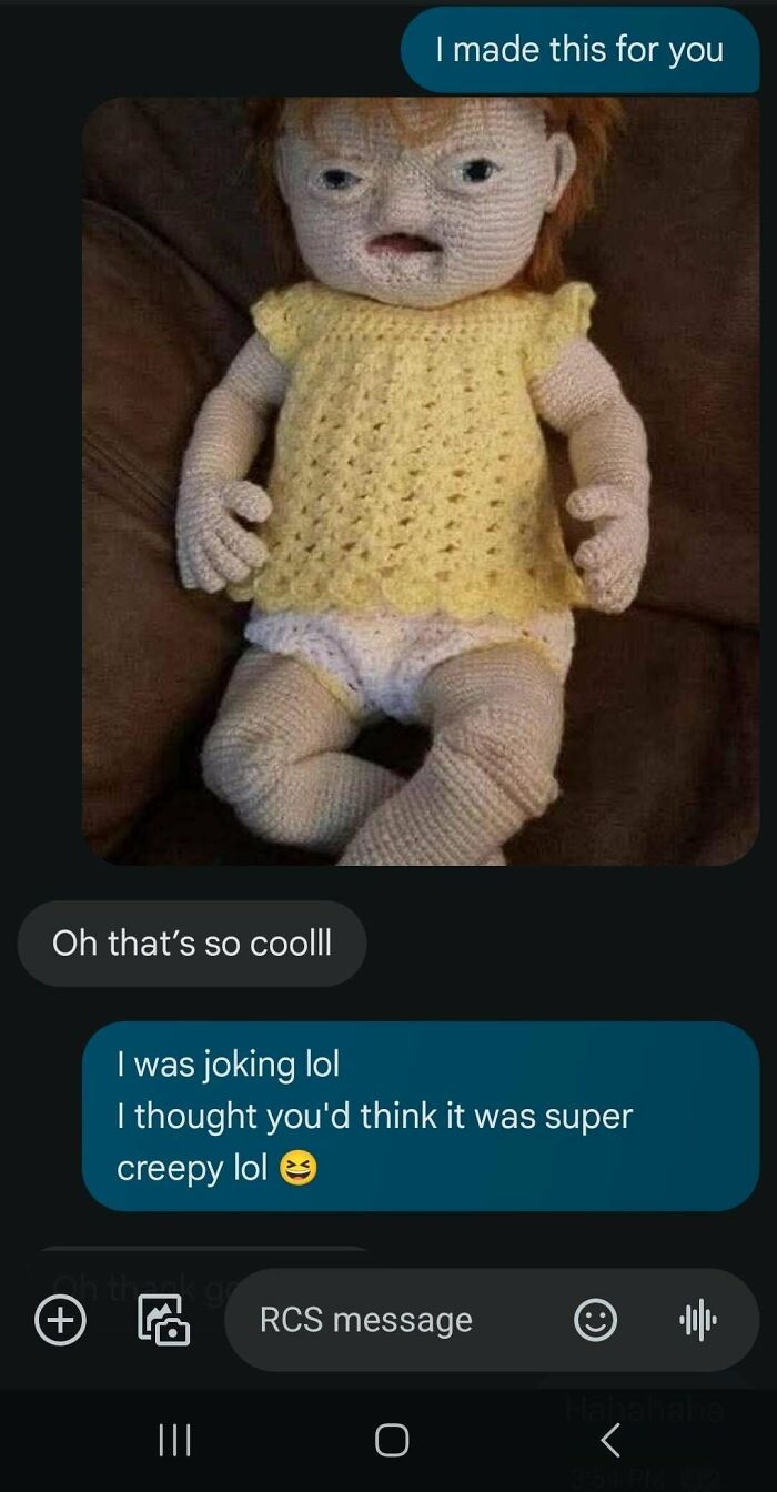 Text conversation showing a hilarious and creepy handmade doll that received funny texts people still think about.