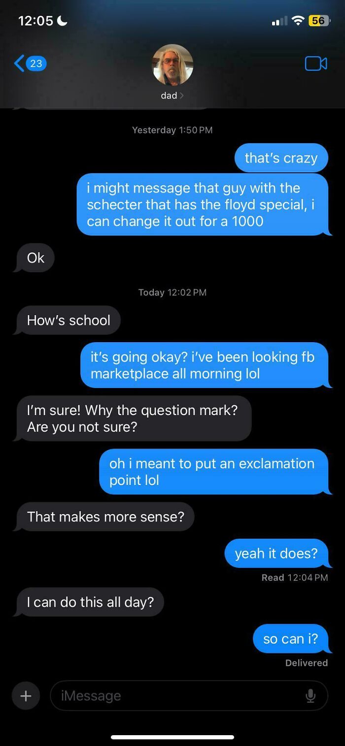 Text conversation between dad and child showcasing hilarious texts people still think about for their humor.