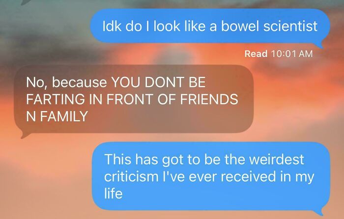 Text message exchange showing a hilarious criticism about farting in front of friends and family.