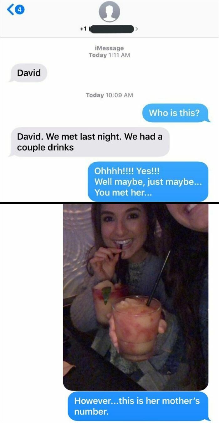 Funny wrong number text exchange with drinks and mistaken identity shared in a humorous message thread.