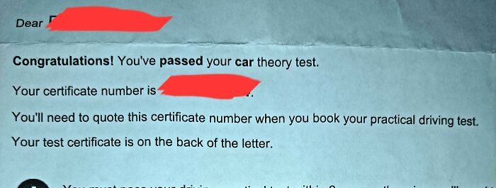 Passed car theory test certificate letter showing a successful leap of faith and a best life decision moment.
