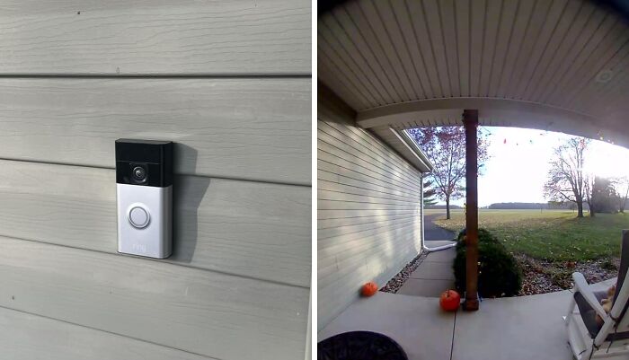 Smart doorbell camera mounted on a house exterior, capturing a clear wide-angle view of a front porch and yard, popular Amazon product.