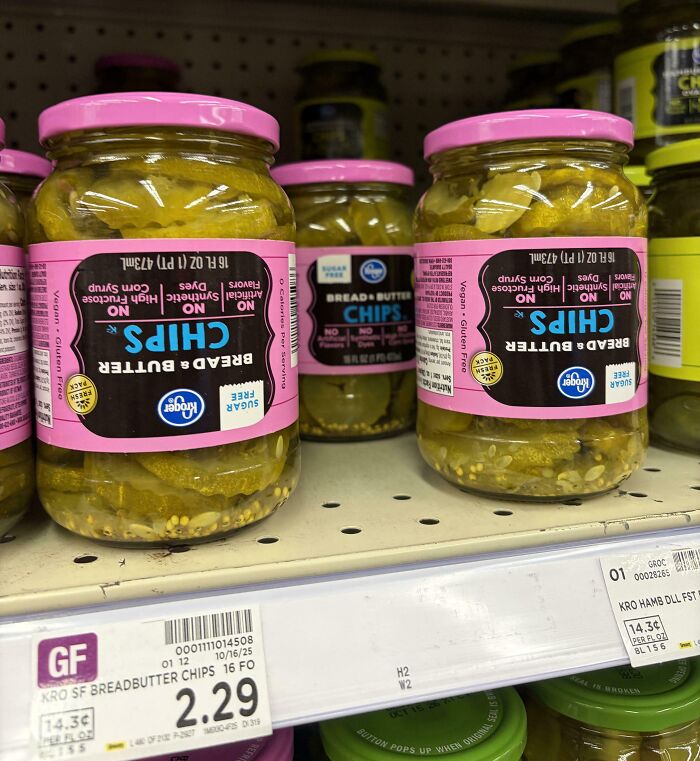 Jars of bread and butter chips on a shelf with upside-down labels showcasing poor job performance.