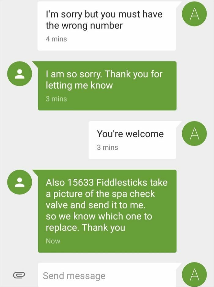 Text message exchange showing a funny wrong number conversation with polite and confused responses.