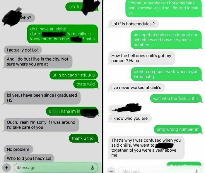Text conversation showing a funny wrong number exchange with confusion about Chili’s and personal info shared.