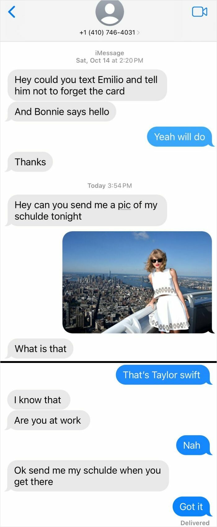 Text message thread showing a funny wrong number exchange with a photo of Taylor Swift included.