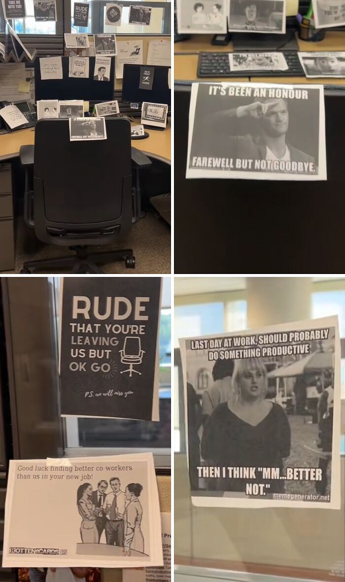 Office desk covered with funny prank memes and jokes by employees celebrating a humorous farewell at work.