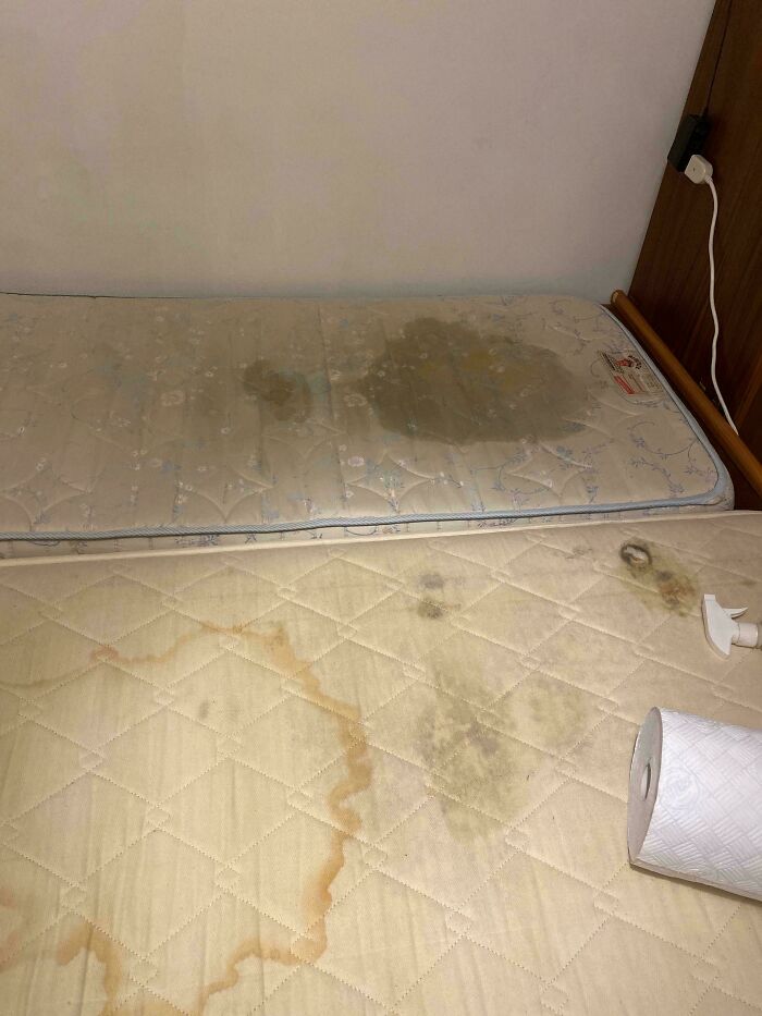 Two dirty, stained mattresses in a rental property showing rental nightmares where landlords cut corners on cleaning.