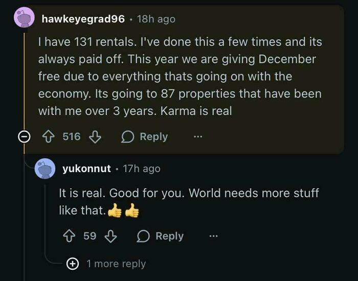 Reddit comments discussing rental management experiences and karma in rental nightmares where landlords cut corners.
