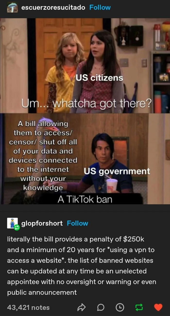 Meme depicting US government enforcing a TikTok ban reflecting the sad and uninspiring dystopia we’re living in.