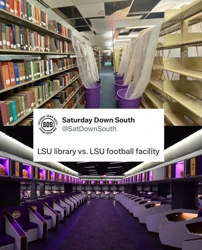 LSU library bookshelves with plastic covers and purple buckets contrasted with a lavish LSU football facility room, dystopia scene.