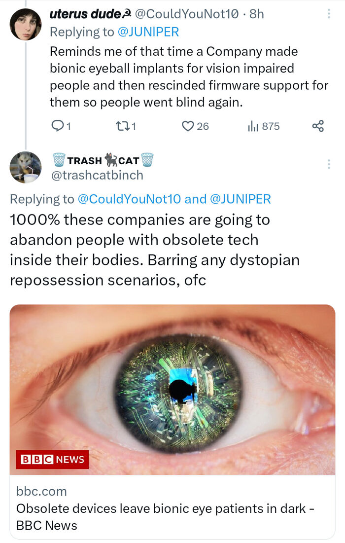 Twitter conversation about dystopian tech abandonment with close-up of an eye featuring bionic implant reflecting circuitry.