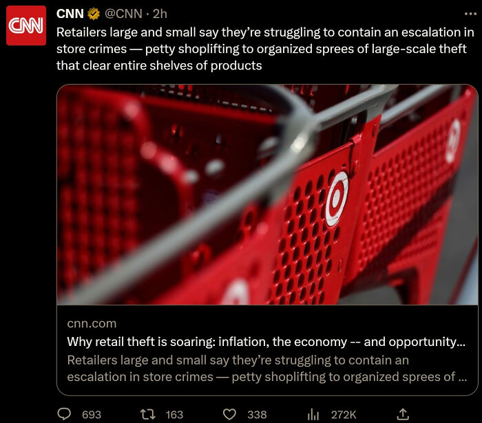 Retail shopping carts in a store, highlighting the sad and uninspiring dystopia of rising retail theft and economic struggles.