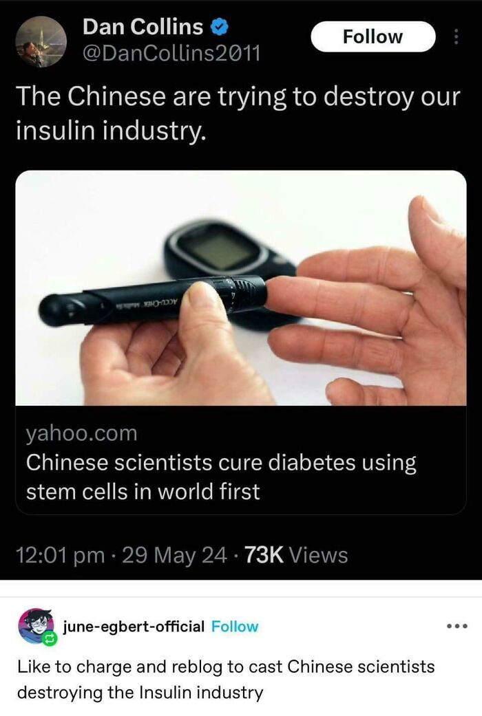 Screenshot of a social media post accusing Chinese scientists of destroying the insulin industry amid dystopian claims.