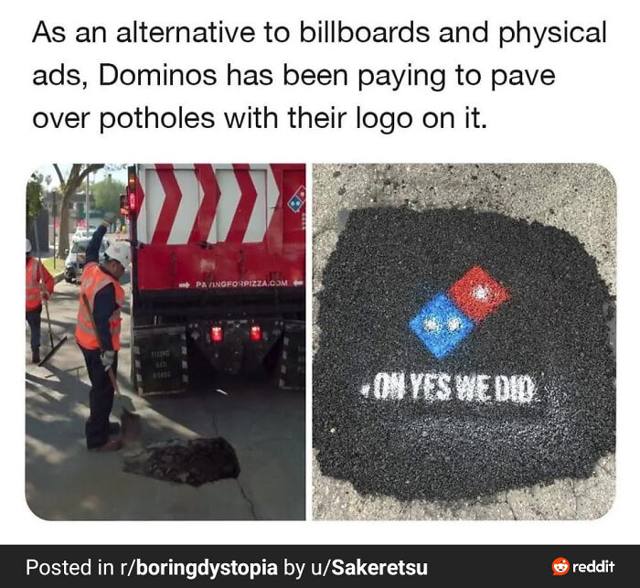 Workers paving potholes with Domino's logo on asphalt as a strange dystopia example of unconventional advertising.