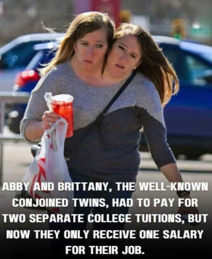Conjoined twins struggling with college tuitions and salary issues highlighting the sad uninspiring dystopia we live in.