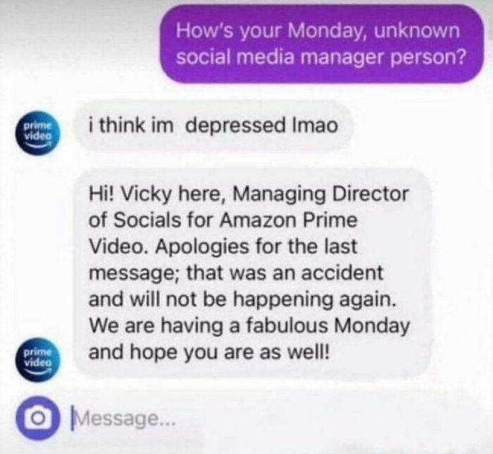 Text conversation showing a social media manager by Amazon Prime Video apologizing for an accidental depressing message.