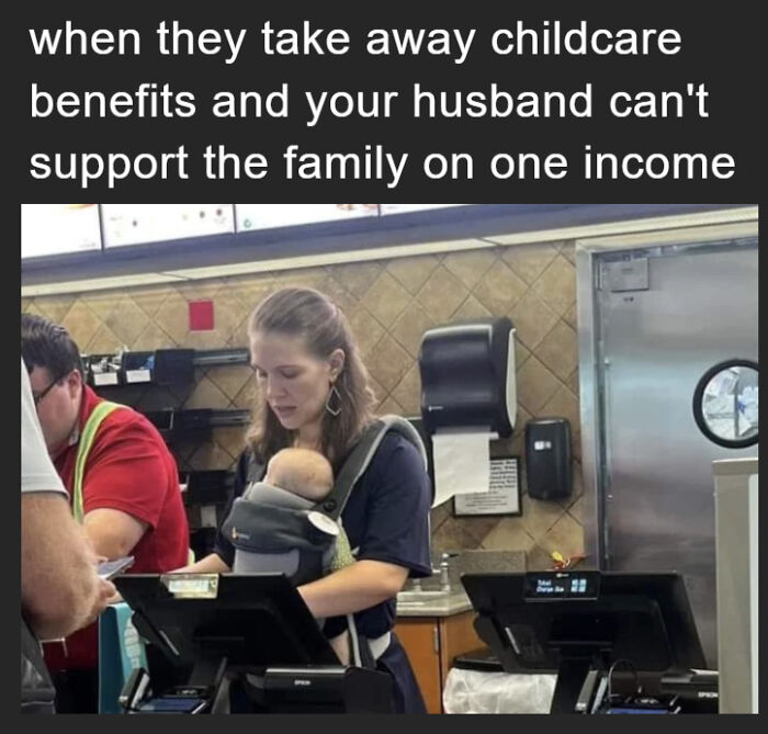 Woman working at a register while carrying a baby, illustrating the sad and uninspiring dystopia in modern life.