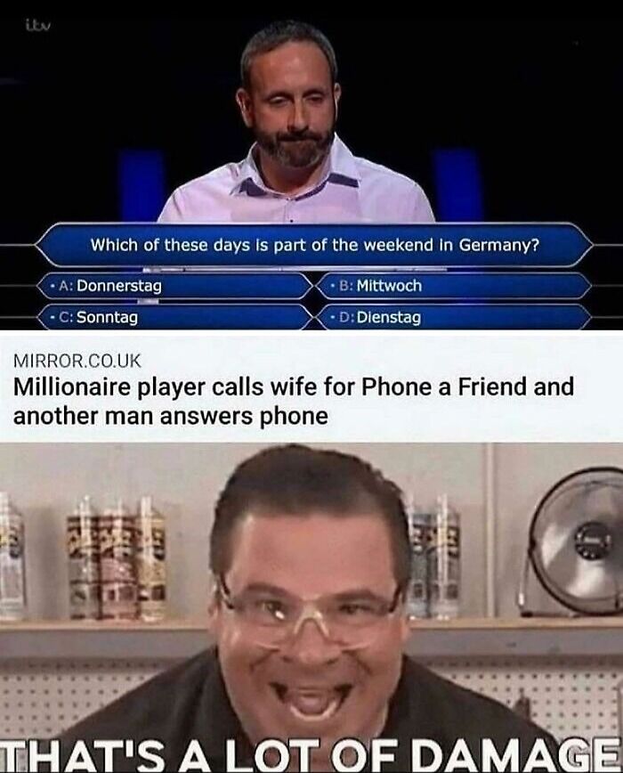 Man on a quiz show puzzled by question with funny viral posts that make you say wait what and laugh out loud.