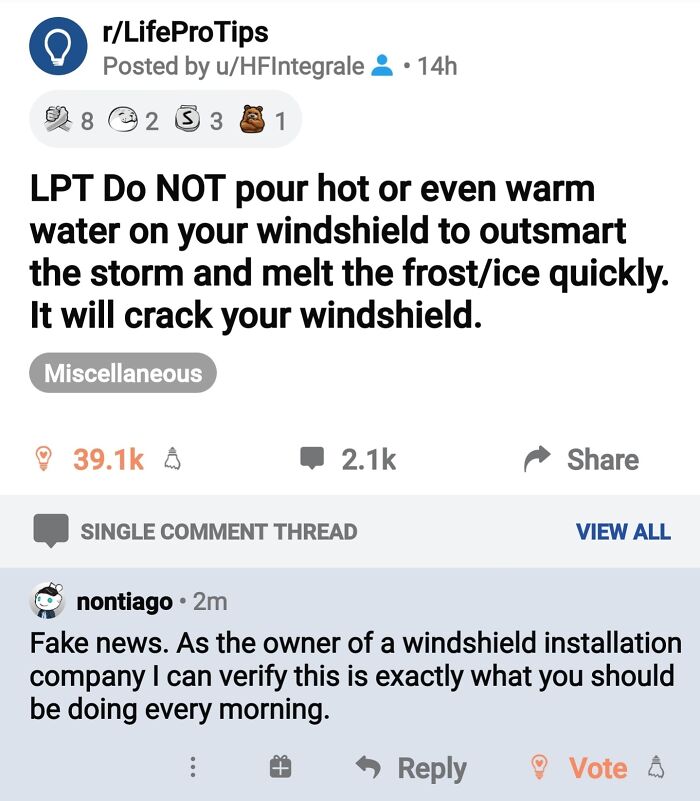 Reddit post warning against pouring warm water on windshields with contradicting comment, a funny life pro tip example.
