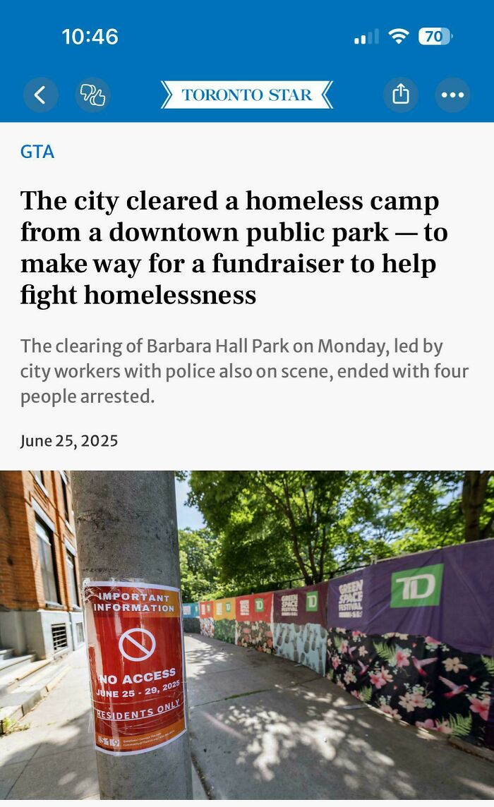 City clears homeless camp from public park to make way for fundraiser, highlighting sad and uninspiring dystopia realities.
