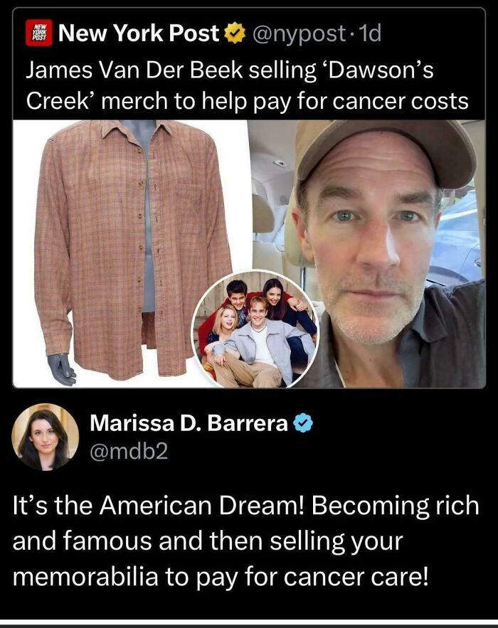 Screenshot showing James Van Der Beek selling Dawson’s Creek merch to pay cancer costs, reflecting uninspiring dystopia.