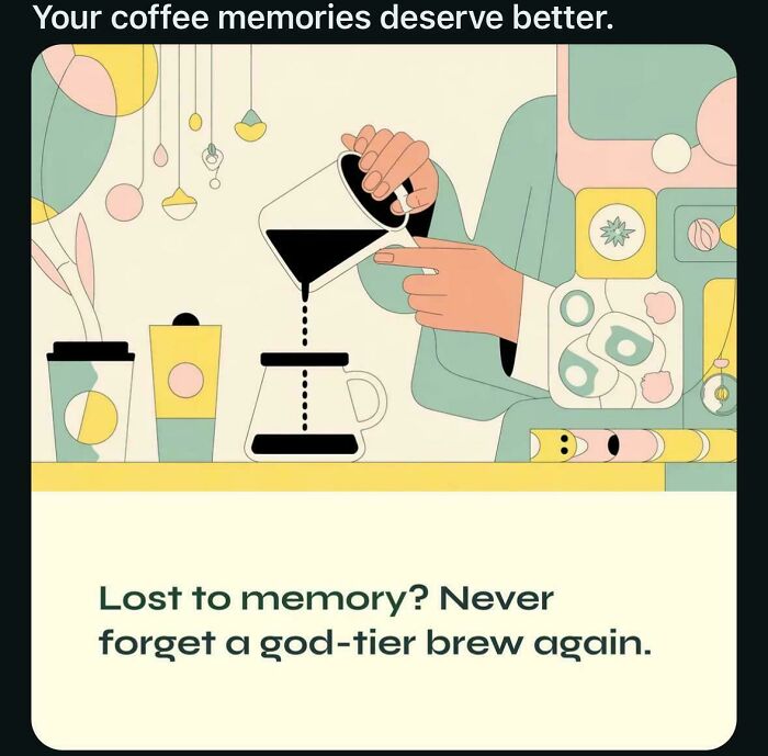 Illustration of hands pouring coffee with the phrase about coffee memories reflecting the sad and uninspiring dystopia.