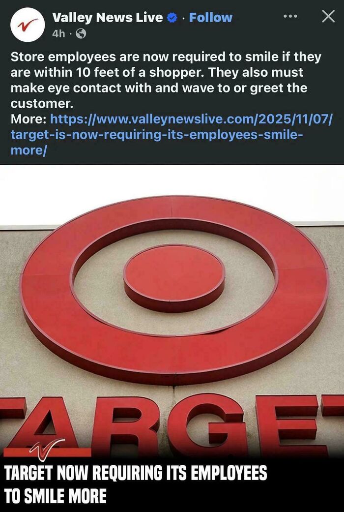 Post about Target store employees now required to smile and greet customers reflecting sad uninspiring dystopia.