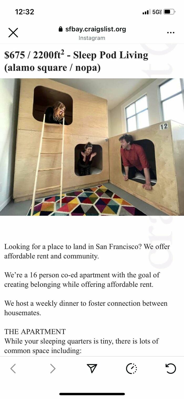 Three people socializing inside small sleep pods in an affordable rent communal apartment, reflecting dystopia living conditions.