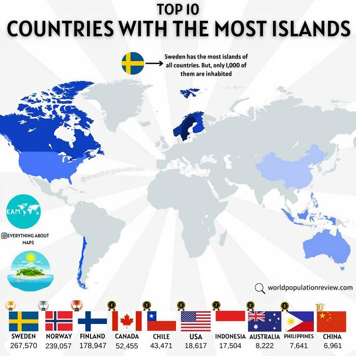 Map showing curiosity interesting map data of top 10 countries with the most islands highlighted in blue.