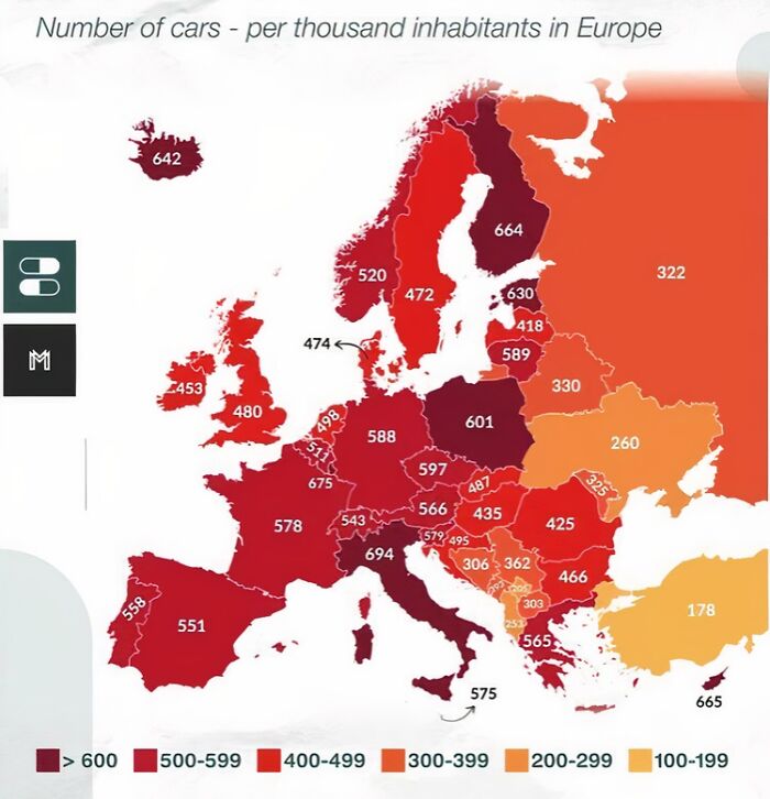 Europe map showing number of cars per thousand inhabitants with curiosity-interesting-map-data highlighted by color coding.