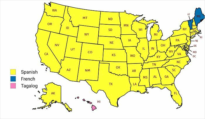US map showing primary spoken languages by state with curiosity-interesting-map-data highlighting Spanish, French, and Tagalog regions.