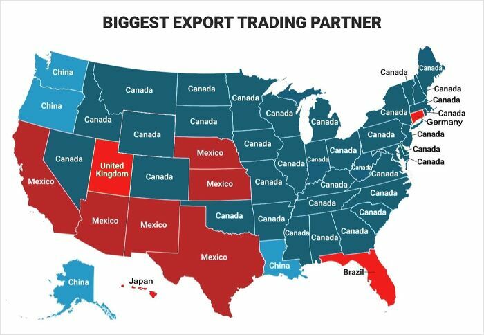 Map data showing the biggest export trading partner for each US state highlighting curiosity-interesting trends.
